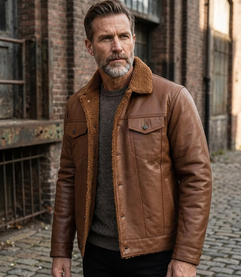 Sherpa Trucker Jacket – Lifestyle Shot Man wearing cognac Sherpa Trucker Jacket outdoors