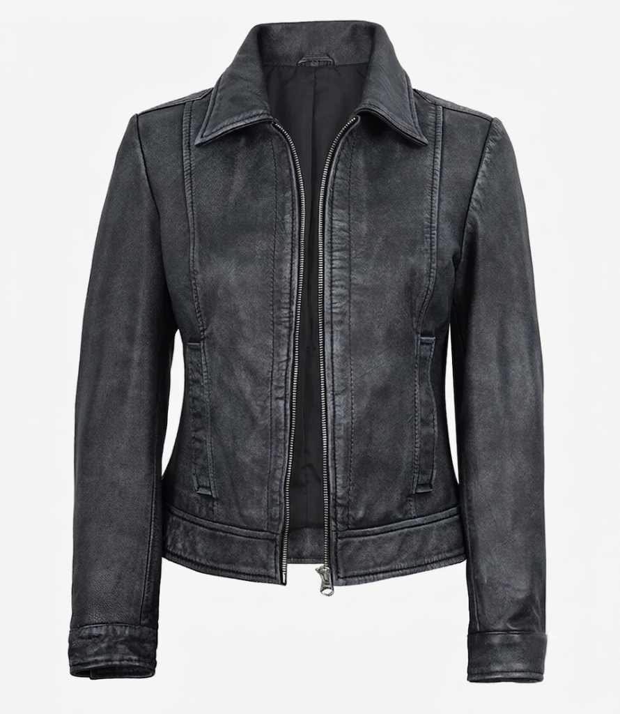 Washed leather jacket for women front view in black