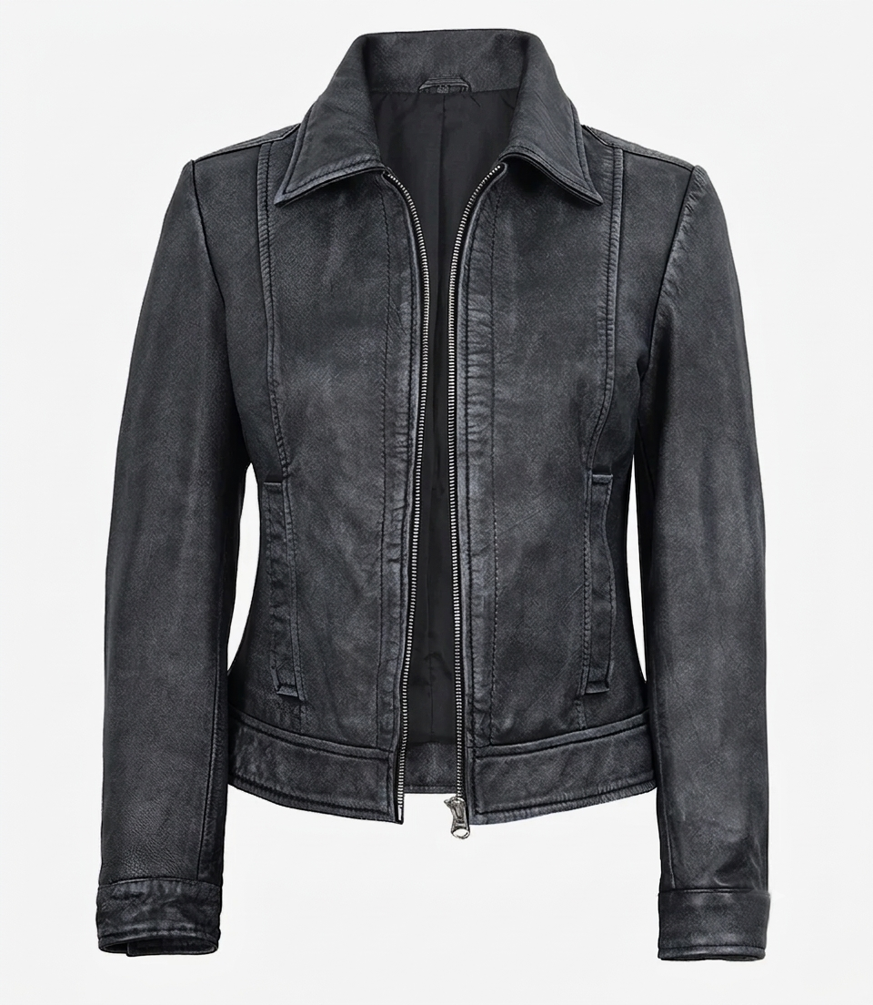 Washed leather jacket for women front view in black Washed leather jacket for women front view in black