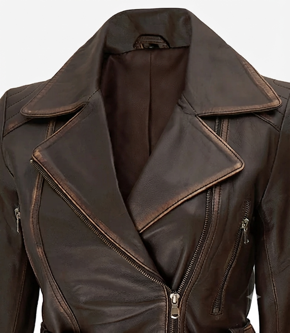 Women's Distressed Leather Jacket – Belt and Zip Detail Close-up of belted waist and asymmetrical zip on distressed leather jacket