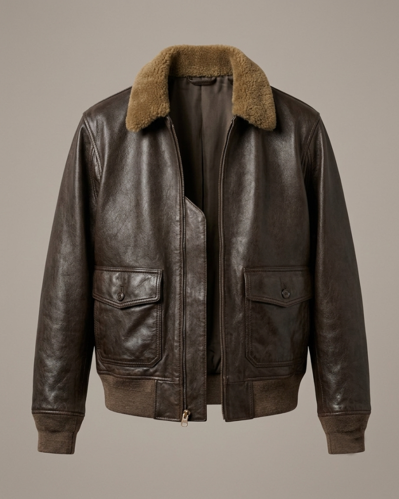 Men's rich brown shearling collar leather flight jacket front view