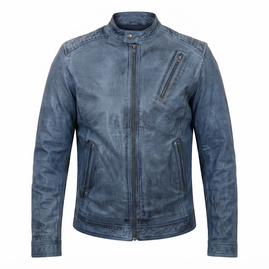 Blue denim leather jacket for men, front view