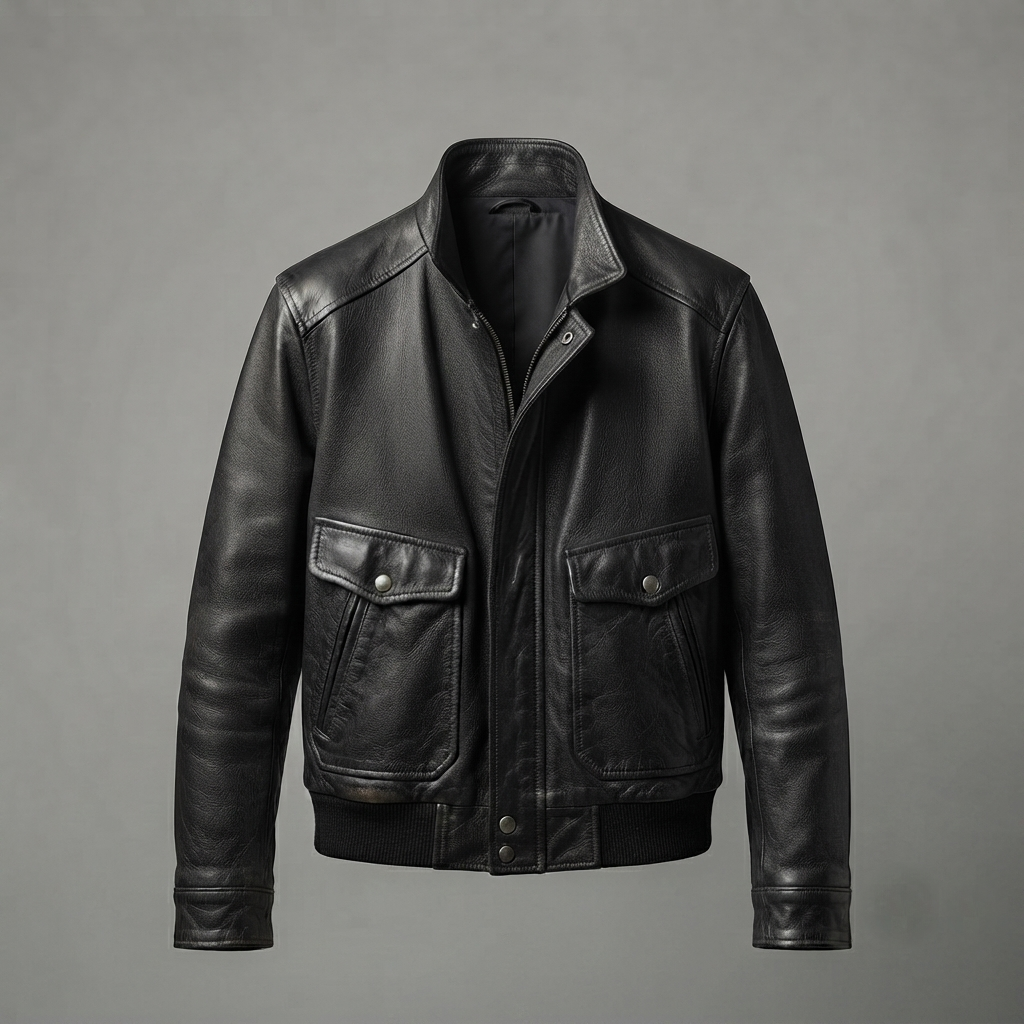 Black leather biker jacket for men, front view
