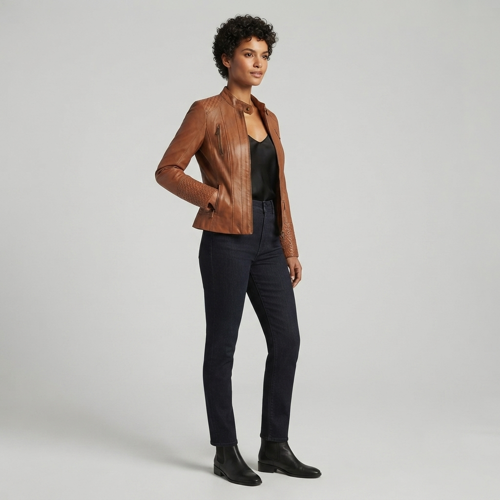 Brown Motorcycle Leather Jacket – Lifestyle Shot woman wearing brown motorcycle leather jacket