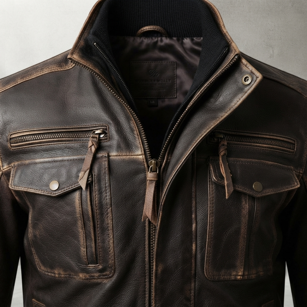 Brown Distressed Leather Jacket – Detail Close-up brown distressed leather jacket texture detail close-up