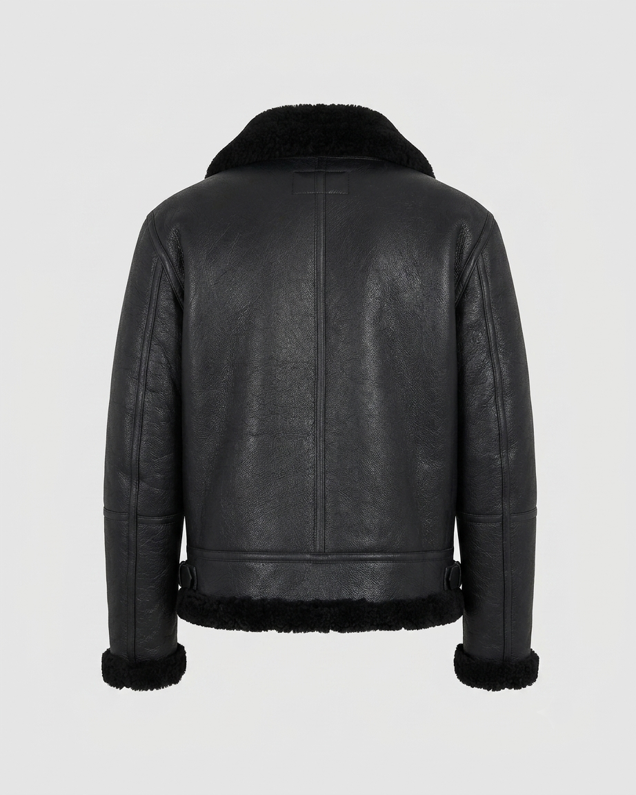 Black Shearling Jacket – Back View Back view of men's Black Shearling Jacket