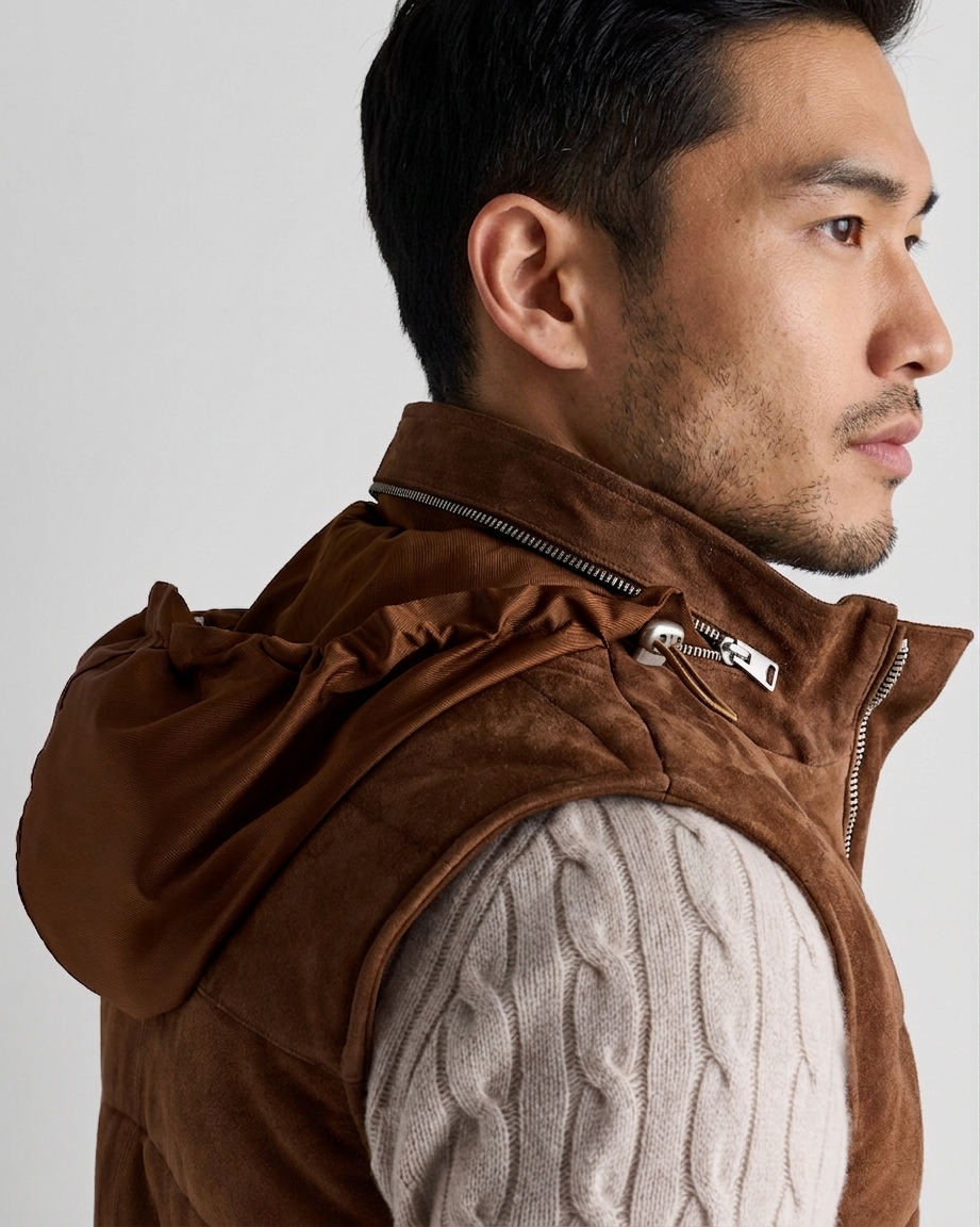 Suede Puffer Vest – Detail Shot Close-up of suede puffer vest stowable hood and zipper
