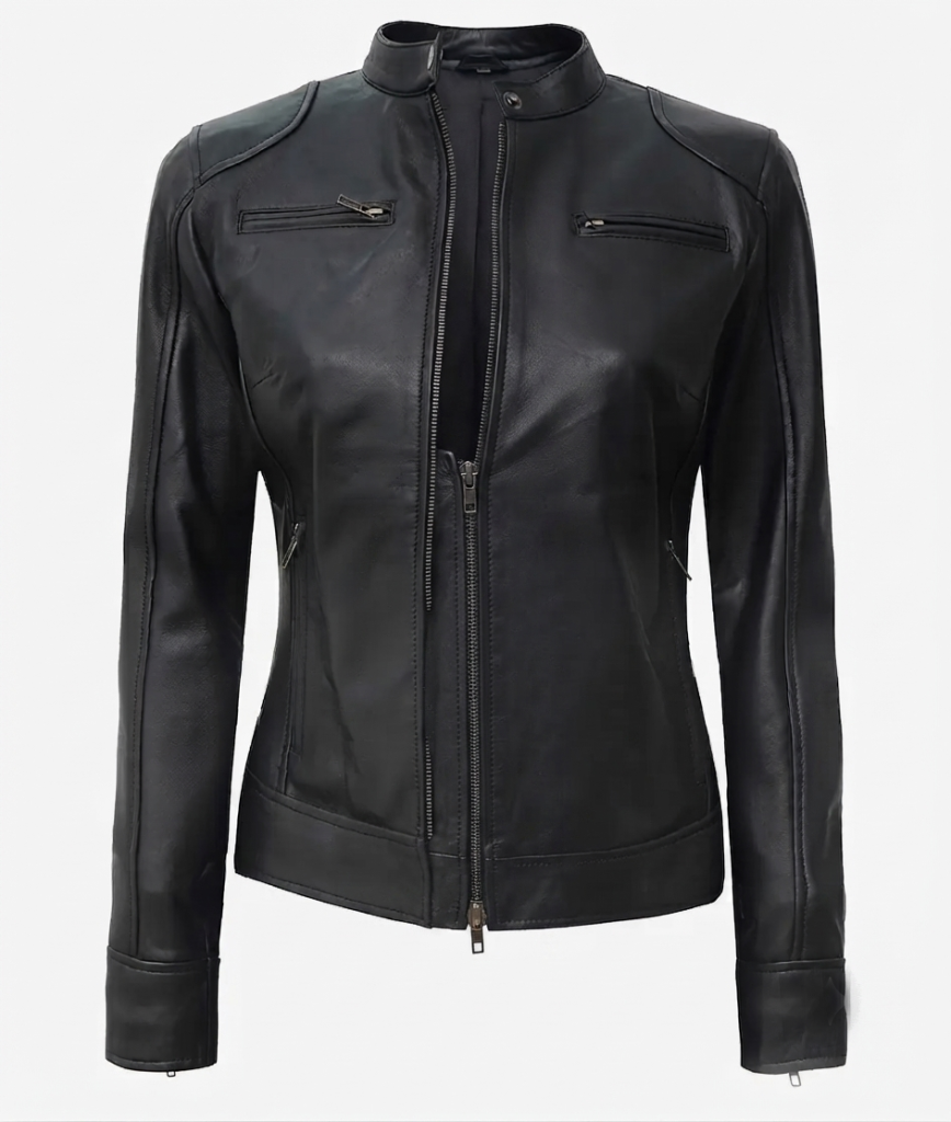 Women's black lambskin Women's leather biker jacket in black — front view