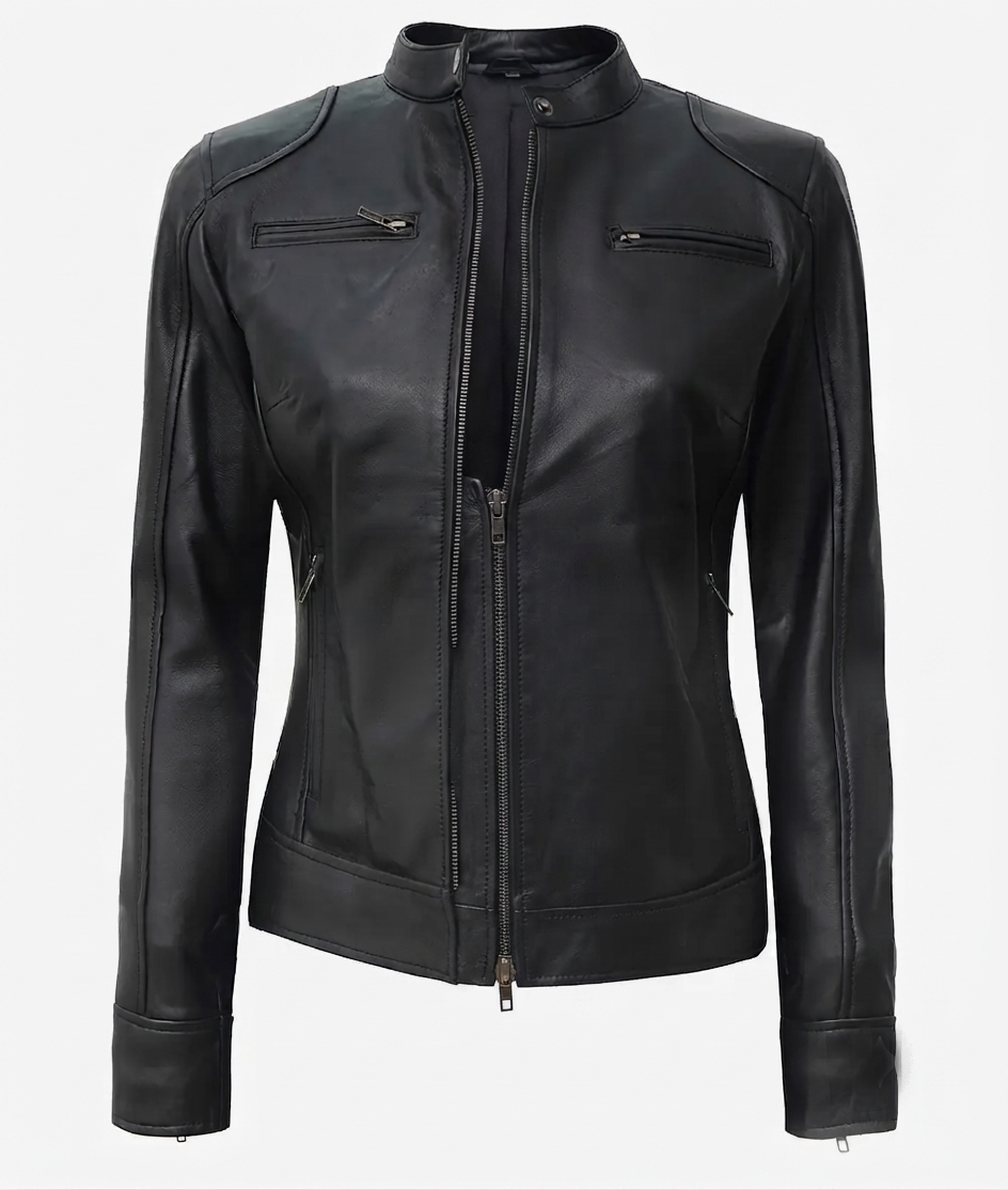 Women's Leather Biker Jacket – Front View Women's black lambskin Women's leather biker jacket in black — front view