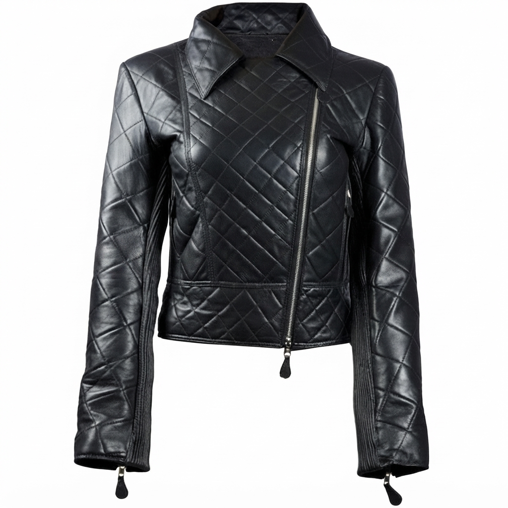 Quilted Notch Collar Jacket in black leather, women's front view