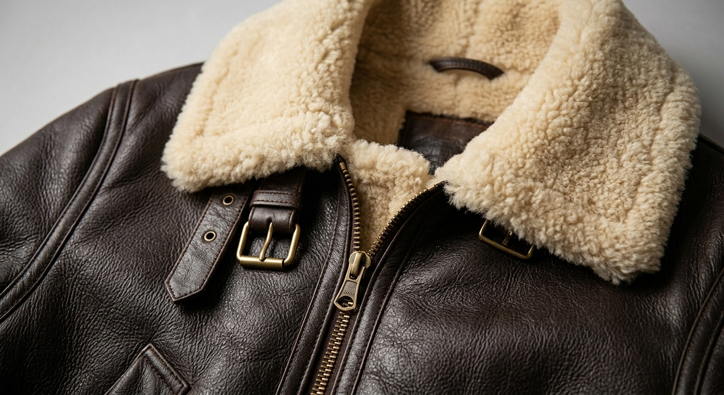 Shearling Bomber Jacket – Detail Shot Close-up of shearling collar and cuffs on bomber jacket