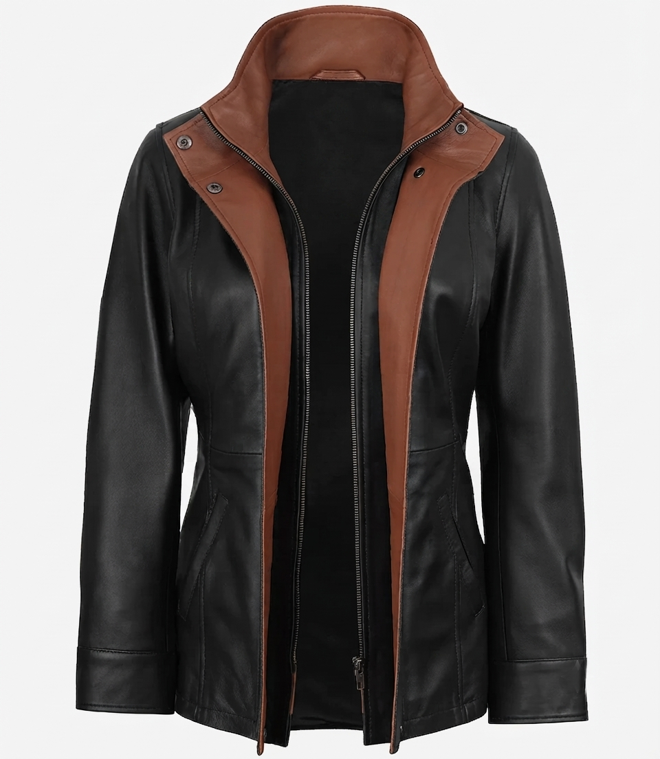 Women's Black Leather Jacket – Front View Women's black leather jacket with brown contrast collar — front view