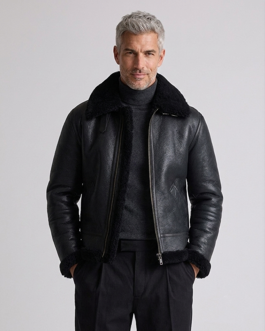 Black Shearling Jacket – Lifestyle Shot Man wearing Black Shearling Jacket outdoors