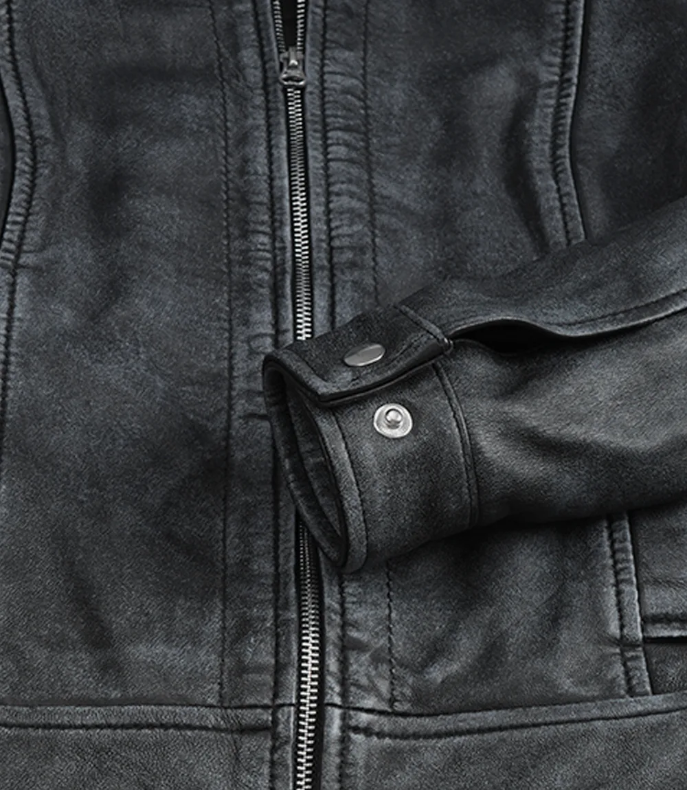Washed Leather Jacket - Detail View Washed leather jacket shirt collar and zip closure detail