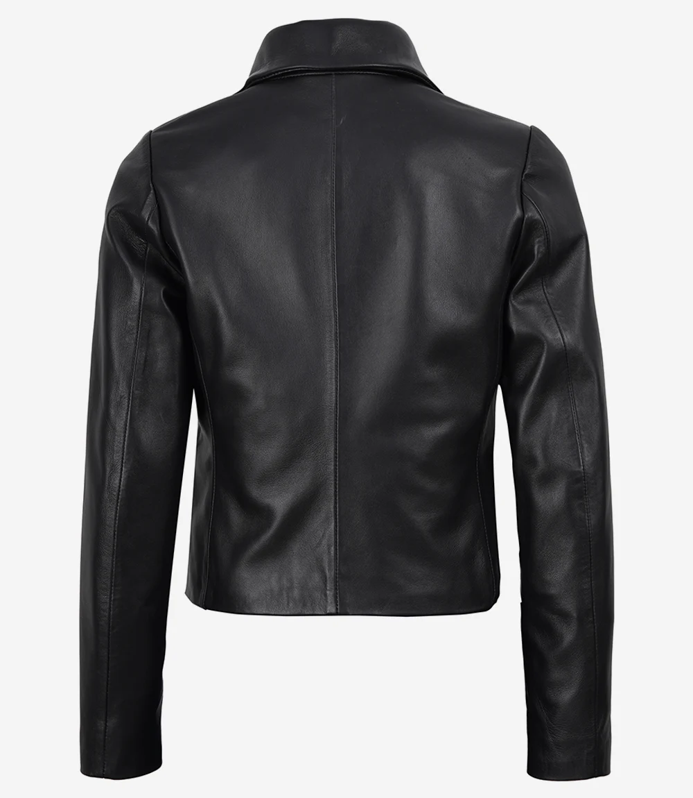 Women's Black Cropped Leather Blazer – Back View Women's black cropped leather blazer back view