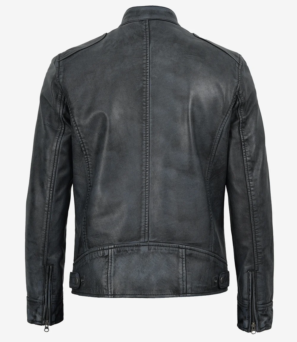 Black Washed Leather Biker Jacket – Back View Men's black washed leather biker jacket back view showing fit