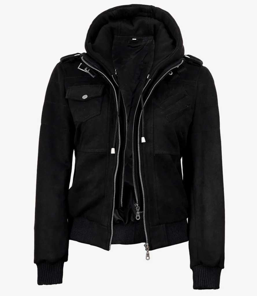 Faux suede hooded bomber jacket front view in black