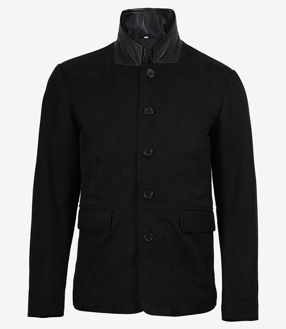 Faux Suede Blazer Men's Black – Collar and Cuff Detail Faux suede blazer men's collar and cuff detail close-up