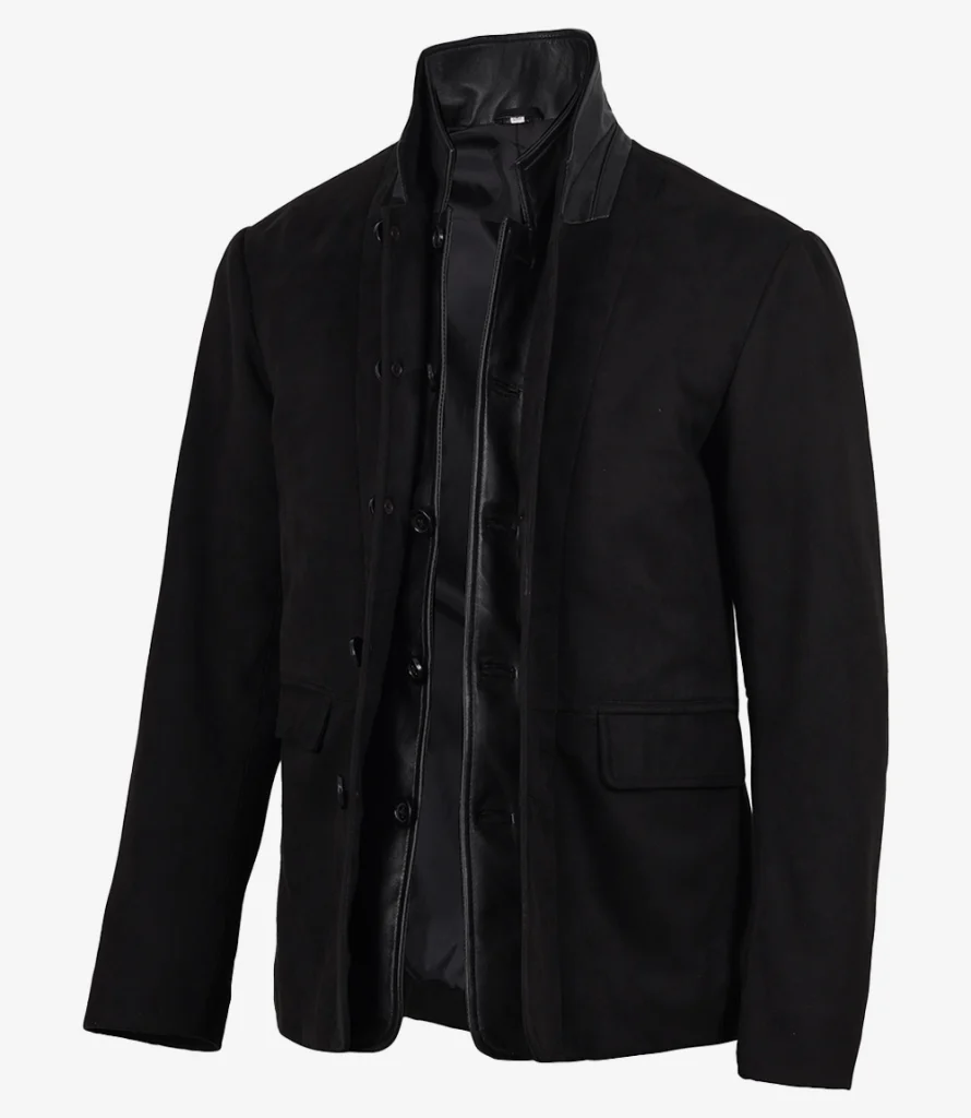 faux suede blazer men's black front view with leather-trim funnel collar