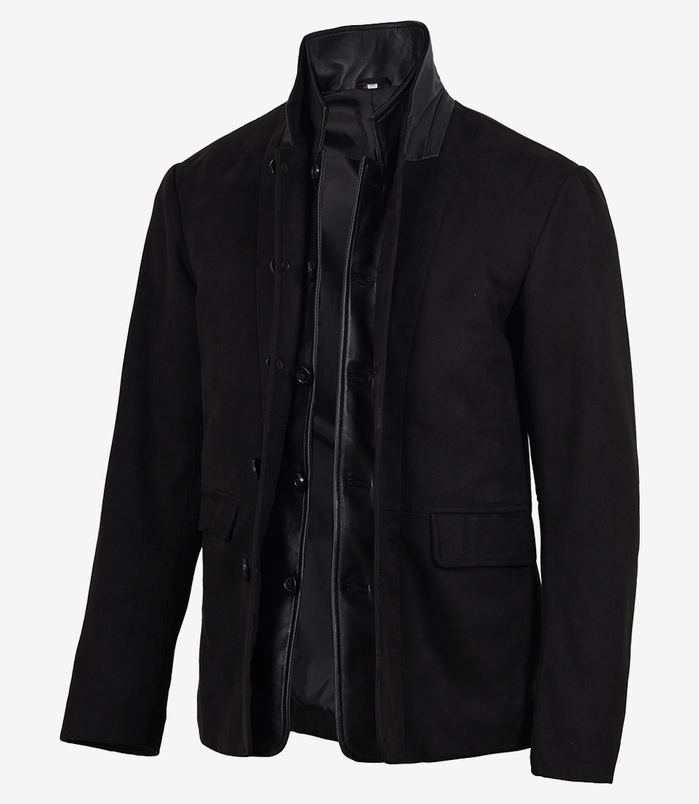 Faux Suede Blazer Men's Black – Front View faux suede blazer men's black front view with leather-trim funnel collar