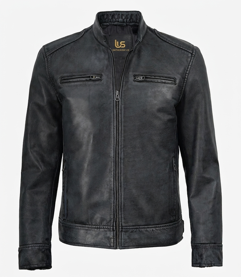 Washed Leather Biker Jacket – Detail Close-Up Close-up of washed lambskin leather texture and zip pocket detail