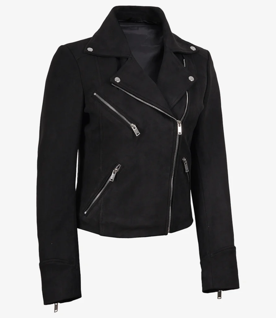 faux suede biker jacket snap lapel and zip pocket detail