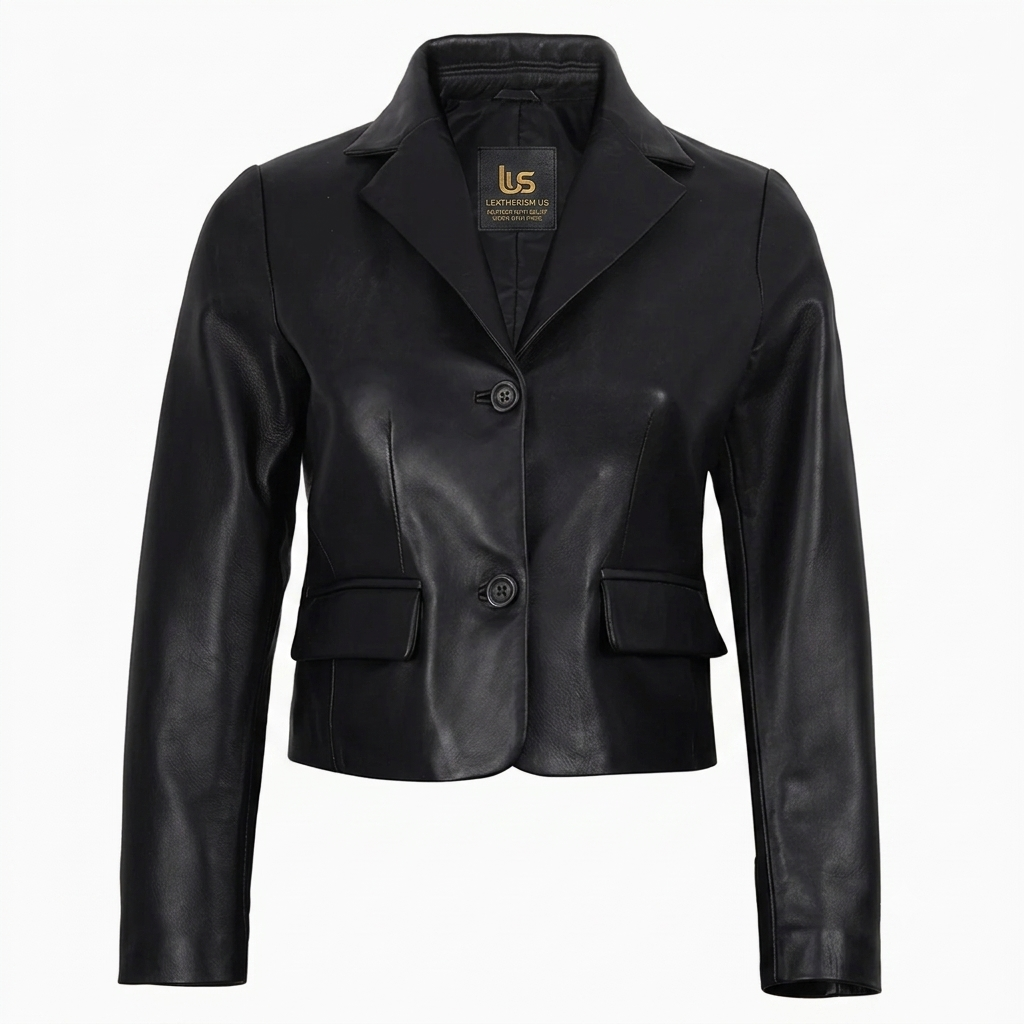 Women's Black Cropped Leather Blazer – Detail Close-Up Close-up of notch lapel and flap pocket on black leather blazer
