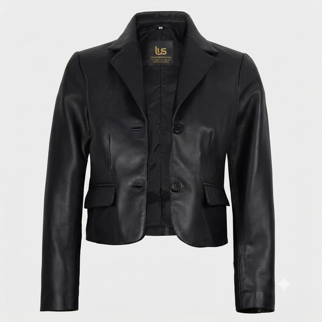Women's Black Cropped Leather Blazer – Detail Close-Up Close-up of notch lapel and flap pocket on black leather blazer