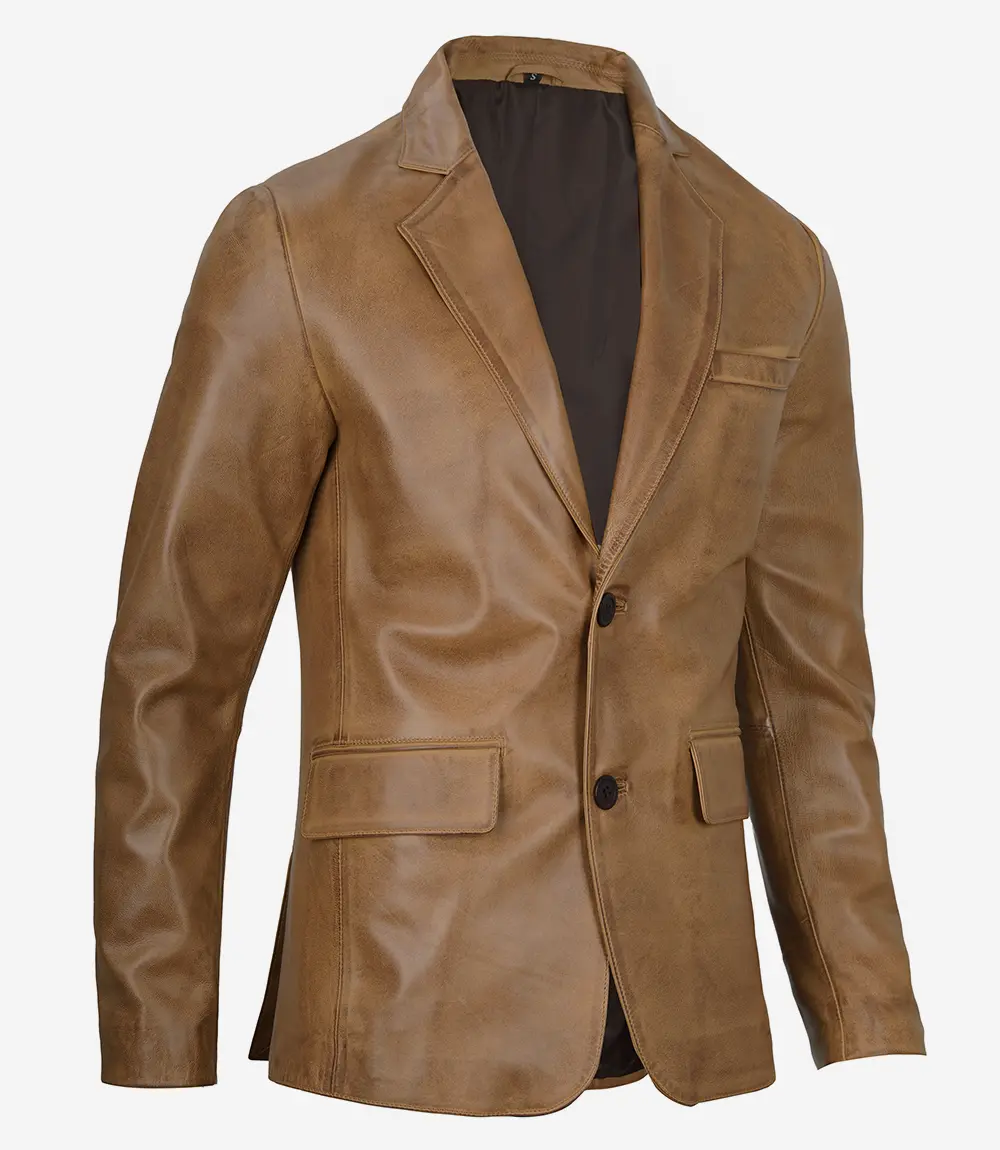 Men's Camel Brown Leather Blazer – Detail Close-Up Close-up of notch lapel and button closure on camel brown leather blazer