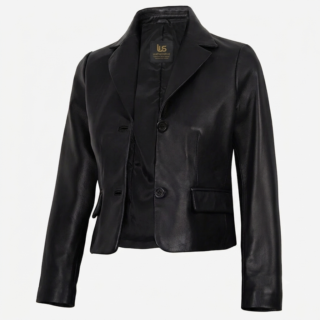 Women's black cropped leather blazer front view
