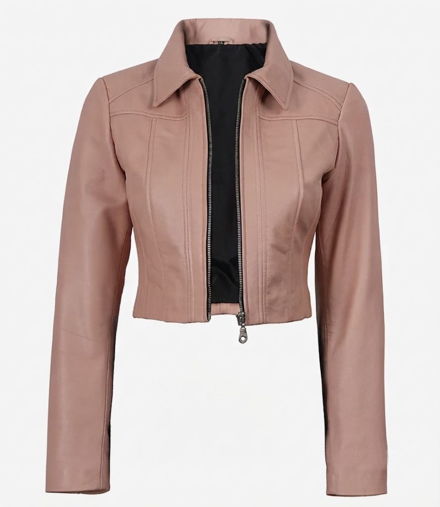 Women's pink cropped leather jacket with shirt collar front view