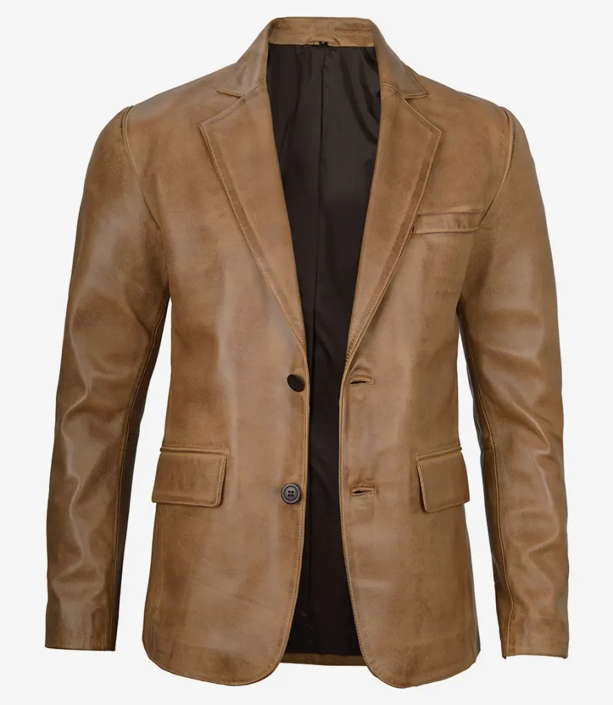 Men's camel brown two-button leather blazer front view