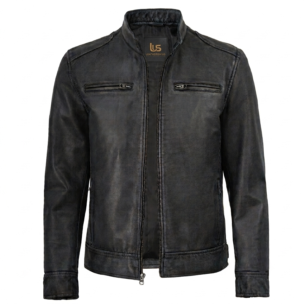 Men's black washed leather café racer biker jacket front view