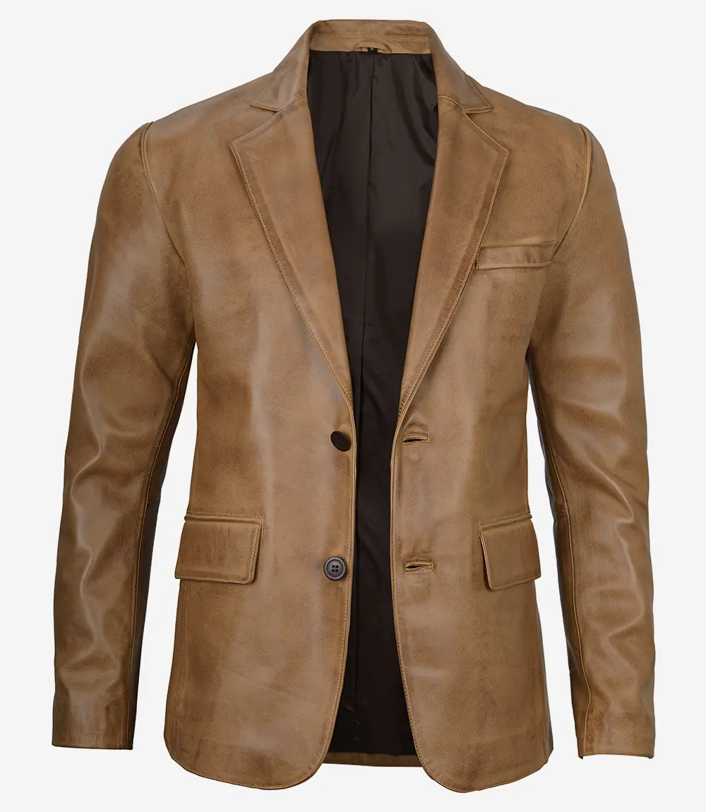 Men's Camel Brown Leather Blazer – Front View Men's camel brown two-button leather blazer front view
