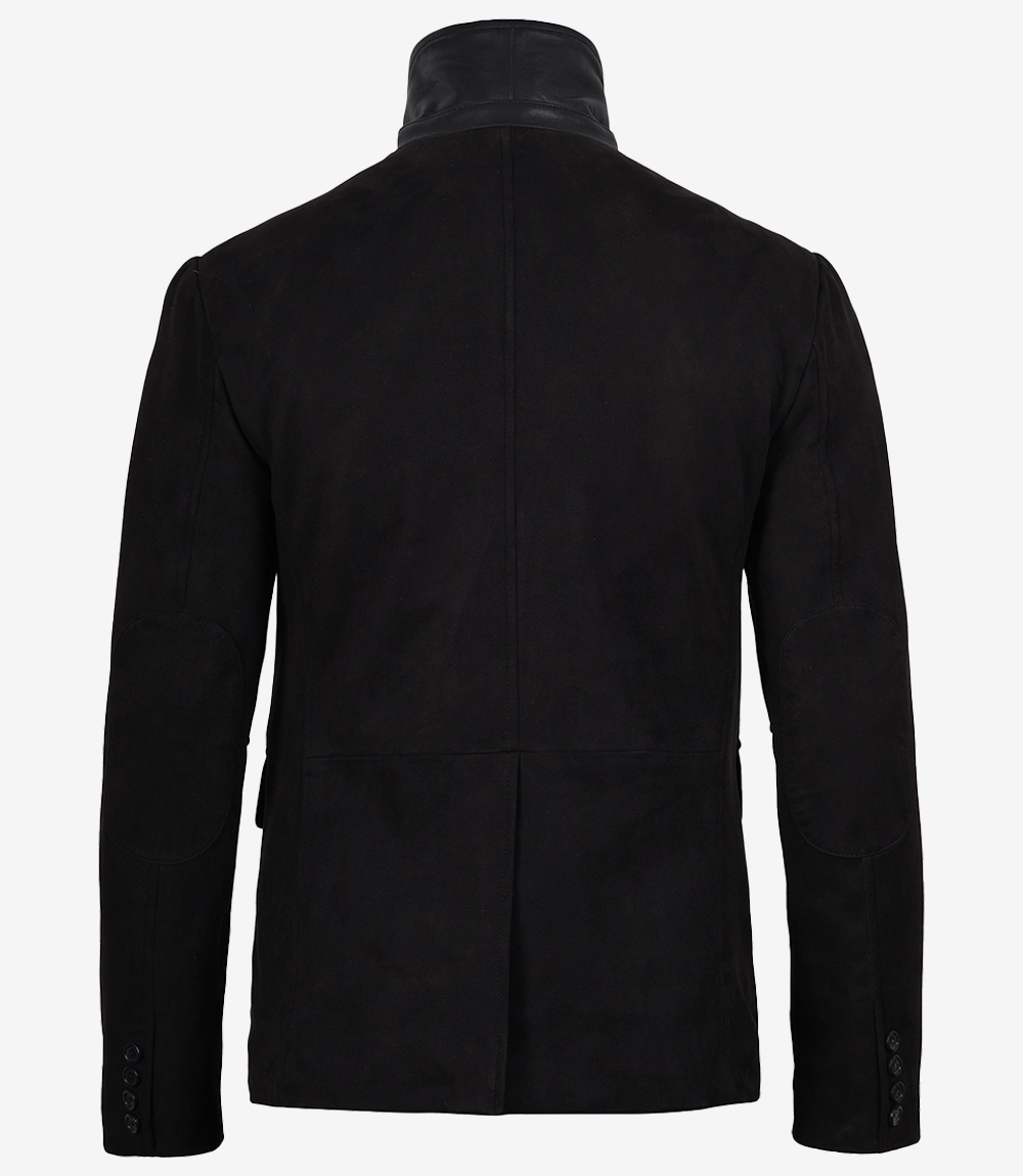 Faux Suede Blazer Men's Black – Back View Faux suede blazer men's back view showing tailored fit