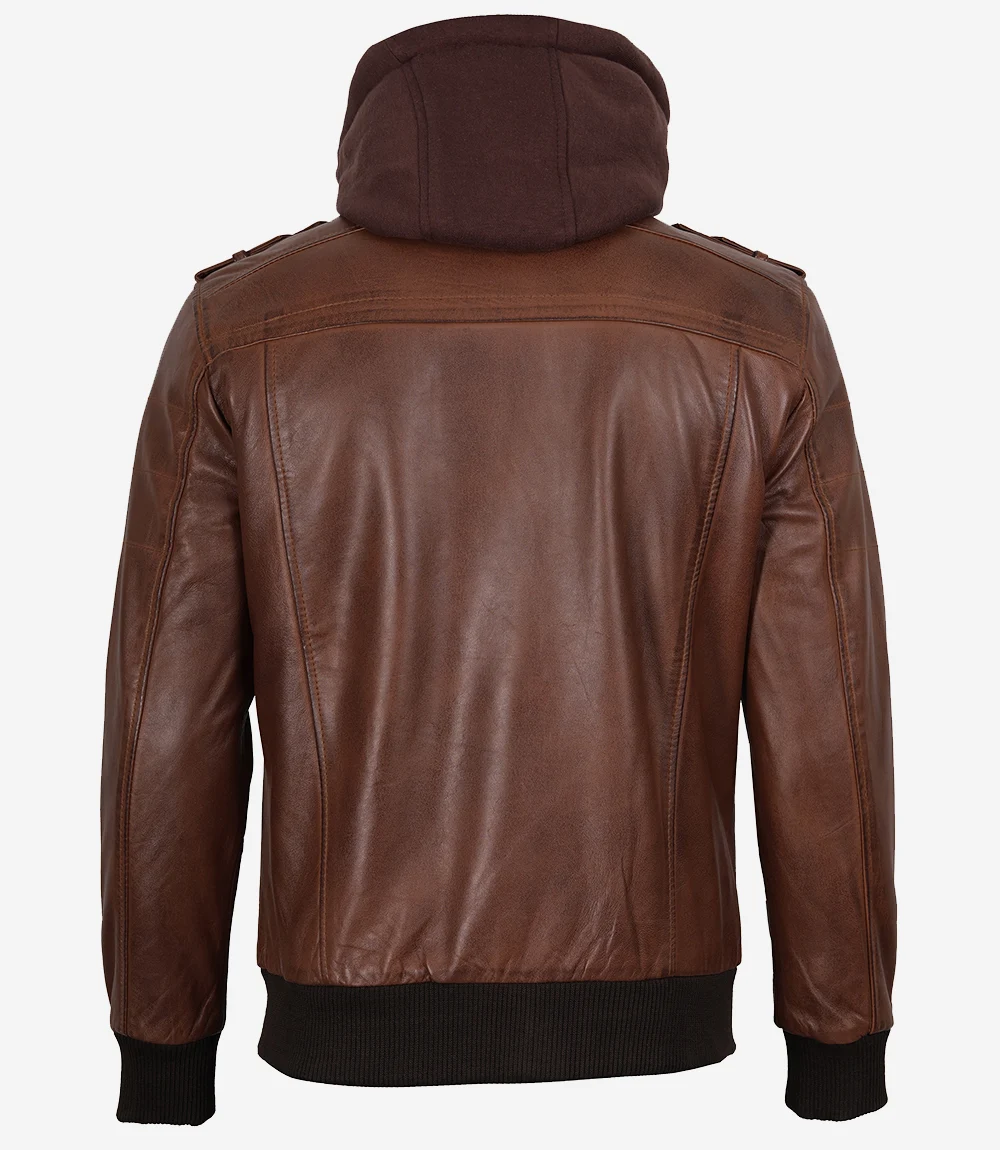 Leather Bomber Jacket – Back View cognac leather bomber jacket back view