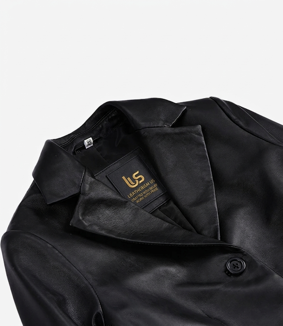 Women's Black Cropped Leather Blazer – Detail Close-Up Close-up of notch lapel and flap pocket on black leather blazer