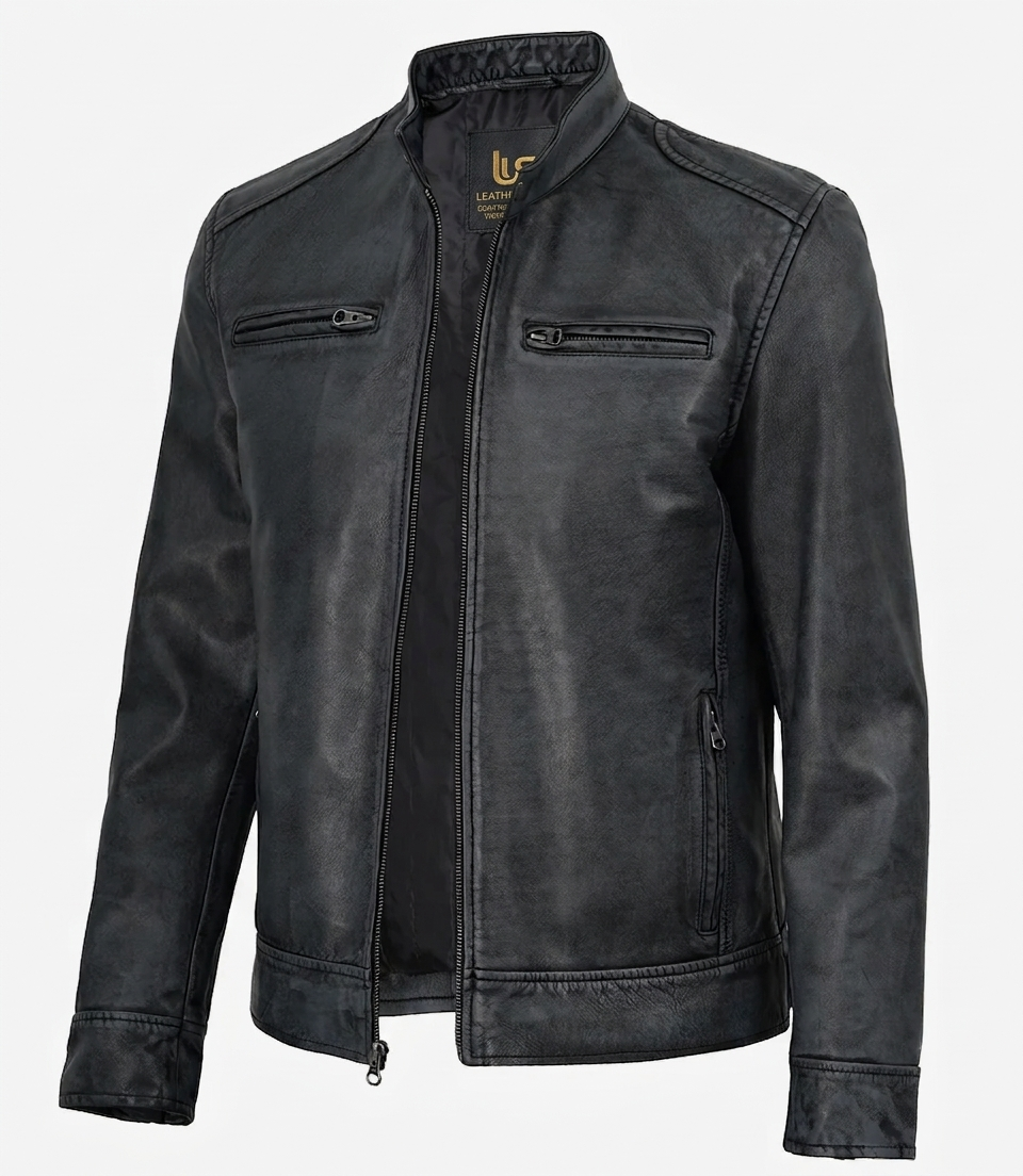Washed Leather Biker Jacket – Detail Close-Up Close-up of washed lambskin leather texture and zip pocket detail