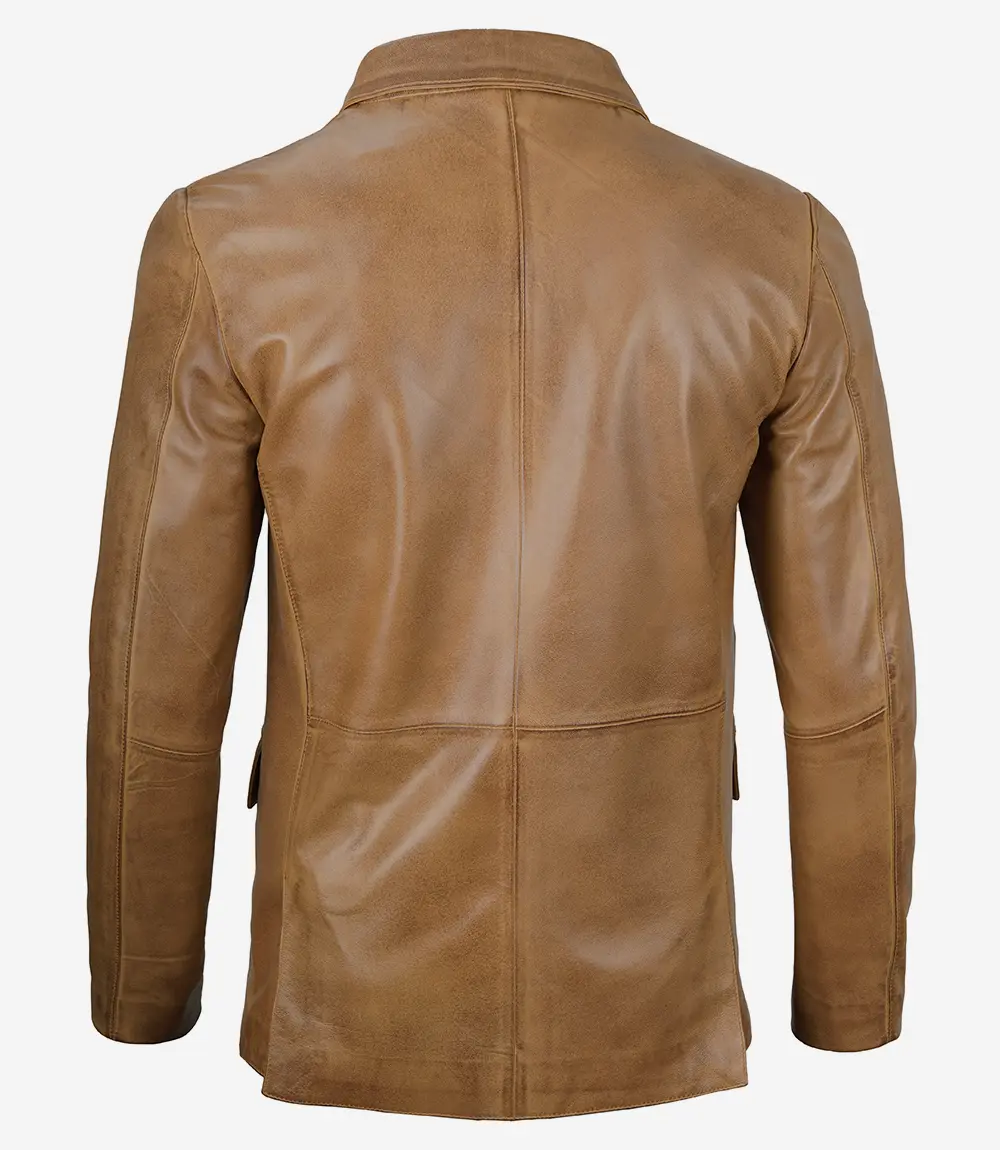 Men's Camel Brown Leather Blazer – Back View Men's camel brown leather blazer back view