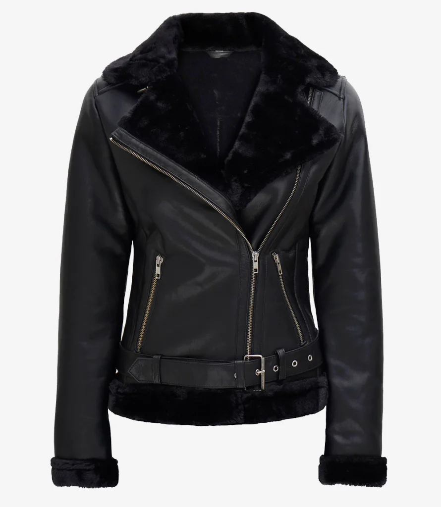Shearling leather jacket for women front view in black