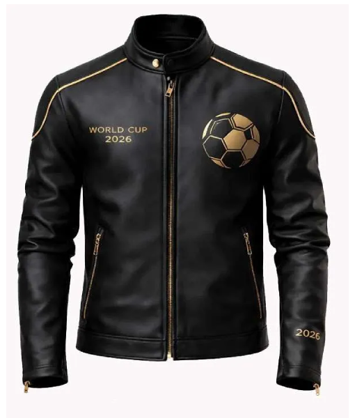 Men's FIFA World Cup Commemorative Black Leather Jacket Front View