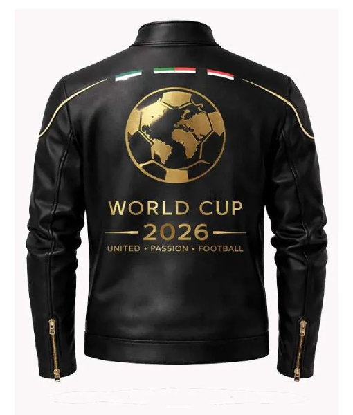 Mens World Cup Black Leather Jacket Back Men's Commemorative Sports Event Black Leather Jacket Back View