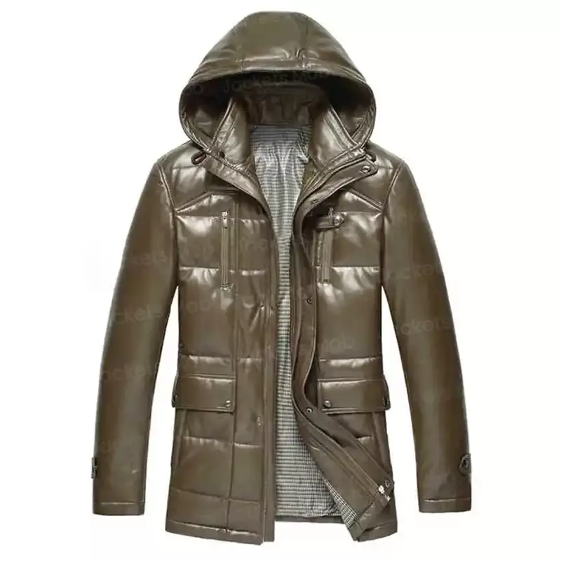 Men's Hooded Leather Jacket Front View