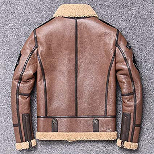 Mens Genuine Leather Shearling Bomber Jacket Back Men's Shearling Aviator Pilot Jacket Back View