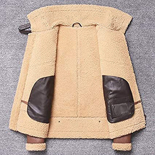 Mens Shearling Bomber Jacket Lifestyle Worn Model wearing Men's Genuine Leather Shearling Aviator Jacket outdoors in winter