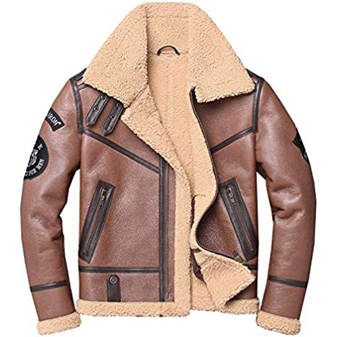 Men's Genuine Leather Shearling Bomber Aviator Jacket Front View