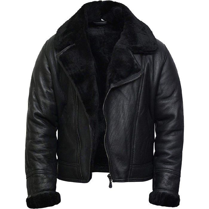 Men's B-3 Shearling Sheepskin Aviator Pilot Bomber Jacket Front View