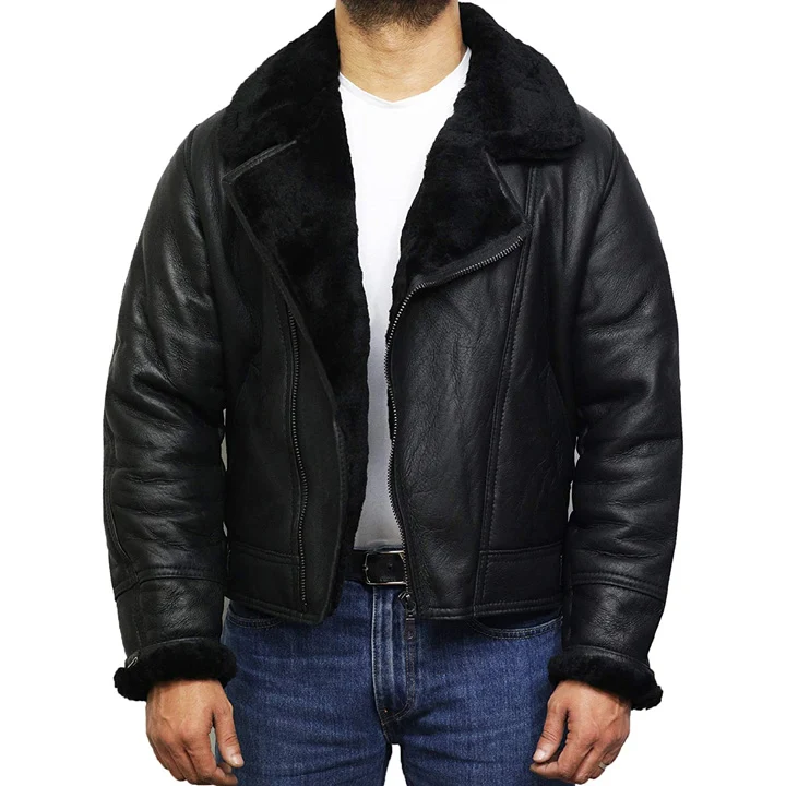 Mens B3 Shearling Bomber Jacket Lifestyle Worn Model wearing Men's B-3 Shearling Aviator Jacket outdoors in winter