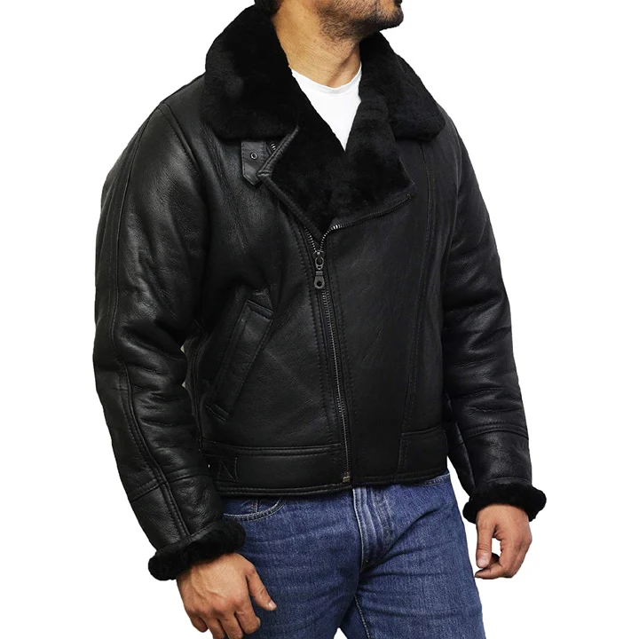 Mens B3 Shearling Bomber Jacket Detail Close-up of Genuine Sheepskin Leather Texture, Fur Collar, and Buckle Detai