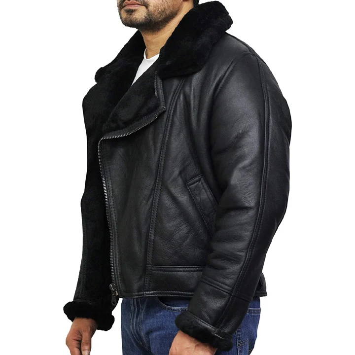 Mens B3 Shearling Bomber Jacket Side Men's Shearling Pilot Bomber Jacket Side View